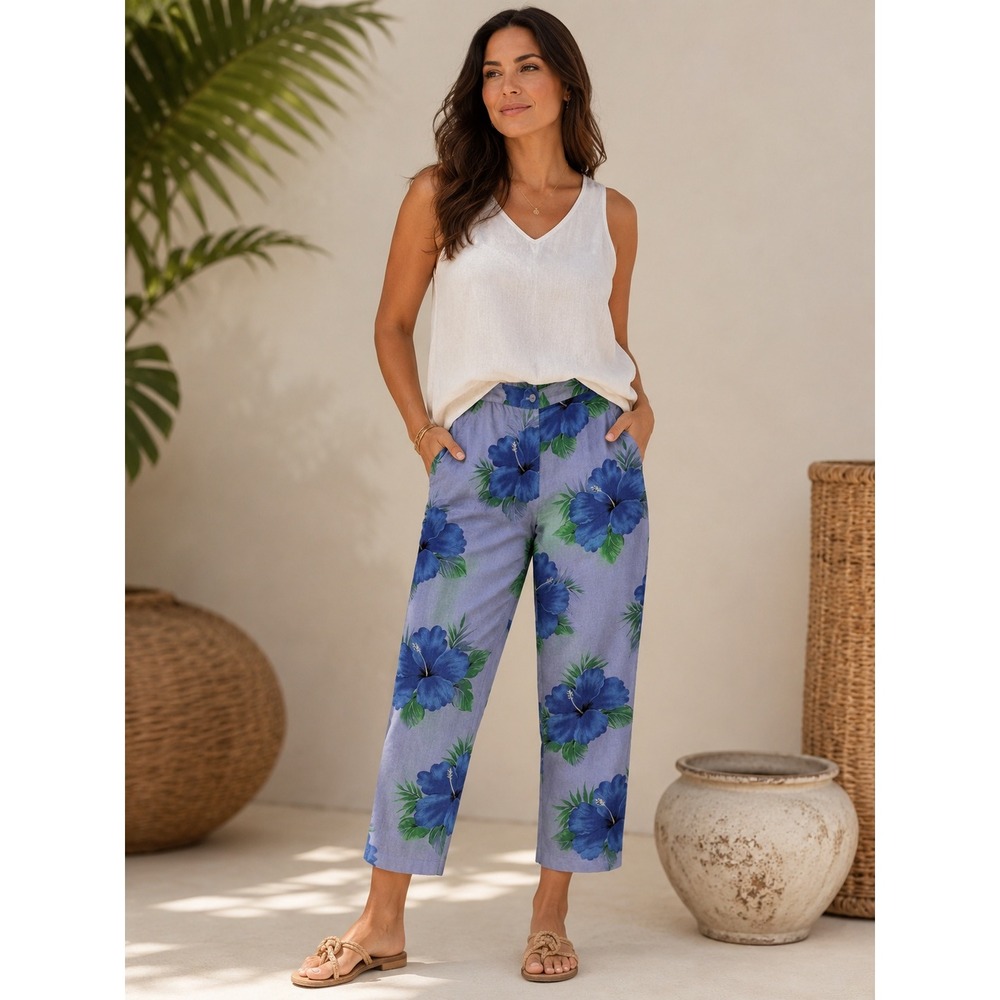 Sun Moda Linen Blend Floral Hibiscus Cropped Pants Blue Green Resort Size M